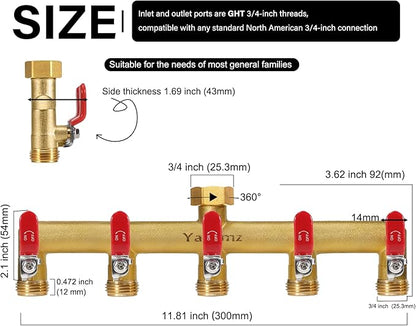 Garden Hose Splitter, 3/4” Rust and Freeze Resistant Outdoor Hose Manifold with 5 Red Extra Long Handles Faucet Adapter-Heavy Duty Brass 5-Way Valve