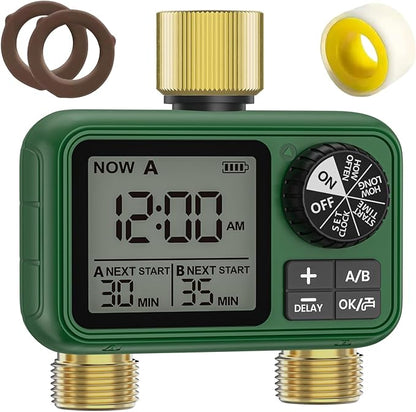 2 Outlet Sprinkler Timer Brass, XinFuture Programmable Water Sprinkler Controller for Yard, Lawn & Greenhouse, Automatic/Manual/Rain Delay Mode, Compatible with Drip Irrigation Systems