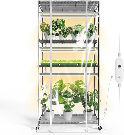 Bstrip Indoor Greenhouse with Grow Light, Tall Green House with 6 Pack T5 Full Spectrum Plant Lights with Timer, Plant Shelf with Tent for Indoor Plant, Seed Starting, Seed Tray, 35.4"x13.8"x70.8"