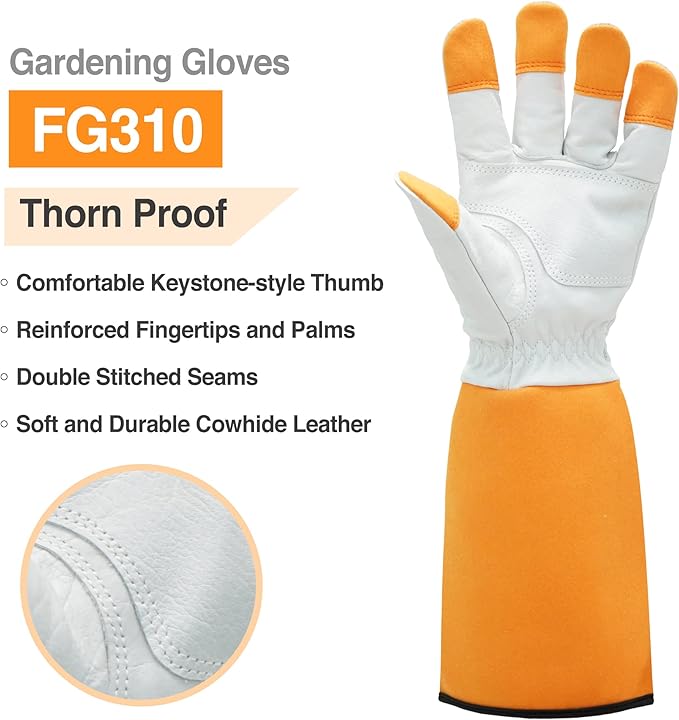 DEX FIT FG310 Gardening Gloves for Women & Men, Long Thorn Proof Leather Sleeves Protection, Comfortable, Durable for Cactus, Rose Bush Pruning and Garden and Yard Work; Orange M (8) 1 Pair