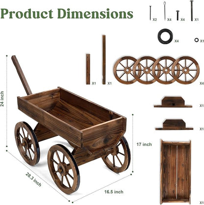 Wood Wagon Planter for Outdoor Balcony Decor - Garden Rustic Wooden Flower Cart with Wheels for Outside Garden Decor Wheelbarrow Planter for Patio