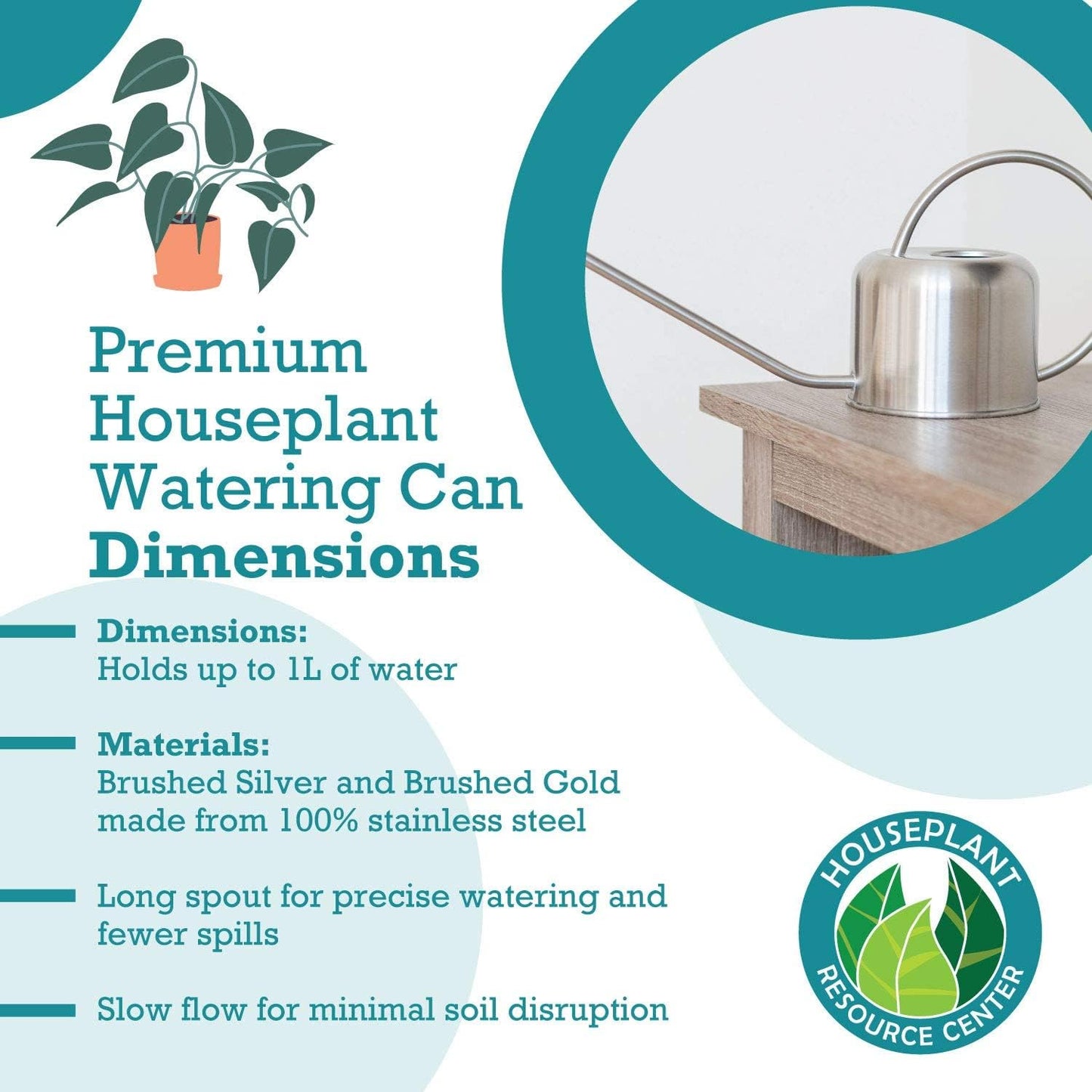 Stainless Steel Watering Can for Houseplants by Houseplant Resource Center | 1L Capacity for Indoor/Outdoor Plants in Brushed Silver