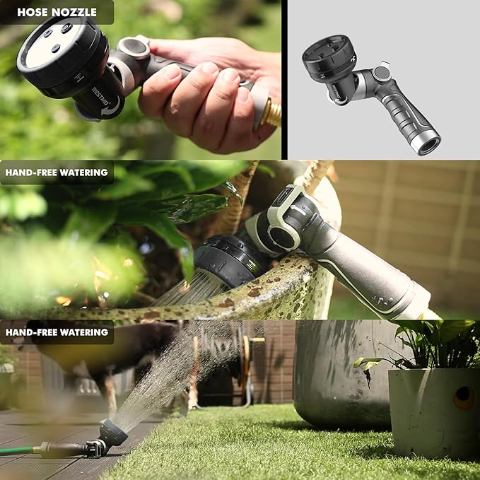 RESTMO 2-IN-1 Garden Hose Nozzle, Heavy Duty Metal Water Hose Nozzle with 4 Spray Patterns, Magic Twist and Thumb Flow Control, Ideal for Watering Plants & Lawns, Washing Cars & Pets, Black