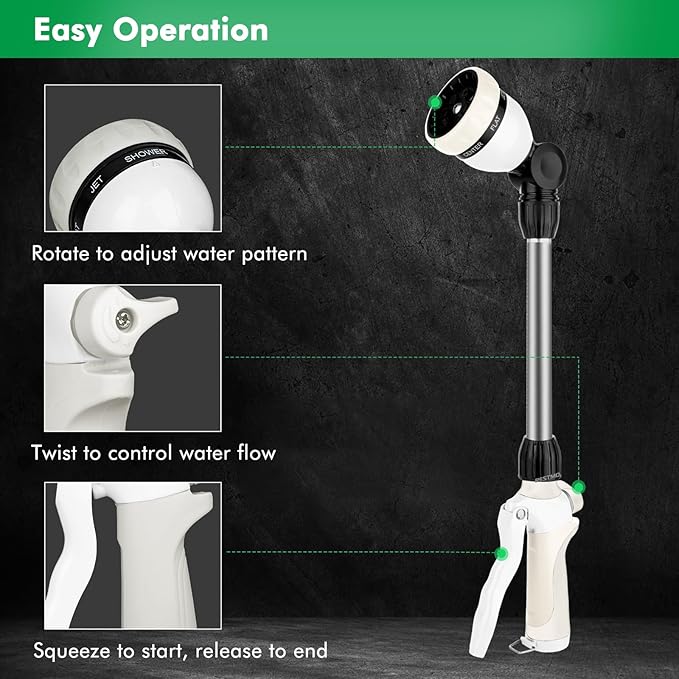 RESTMO Metal Watering Wand, Heavy Duty Garden Hose Wand with 180° Swivel Ratcheting Head, 16'' Hose Nozzle Sprayer with 7 Spray Patterns and Flow Control, for Water Hanging Baskets and Shrubs, White