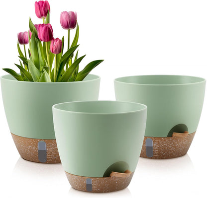 Self-Watering Plant Pots with Water Level Indicator, Drainage Holes & Saucers – 12/10/9 Inch Large Plastic Planter Set for Indoor & Outdoor Plants (Green)