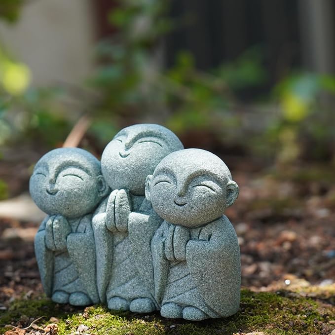 OwMell 3 Japanese Jizo Statue Stone Japanese Buddha Jizo Monk Statue Figurine Memorial Statue Aquarium Decoration Garden Outdoor Ornament 3" - Smiling
