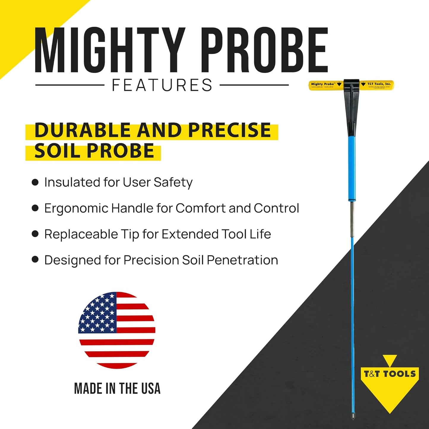 T&T Tools Mighty Probe with Slide Adapter – Insulated Metal Soil Probe, Ground Probe Rod with T-Handle, Septic Tank Locator Soil Sampling & Compaction Tester - 50 Inch Length, 3/8" Round Rod