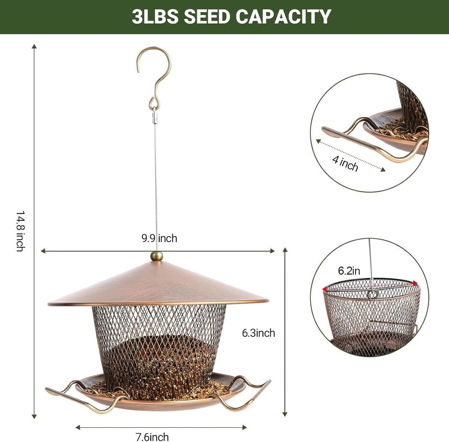 Metal Bird Feeder for Outdoors Hanging, Large Roof Bird Feeders for Cardinal, 3LB Wild Birdfeeder Squirrel Proof for Outside