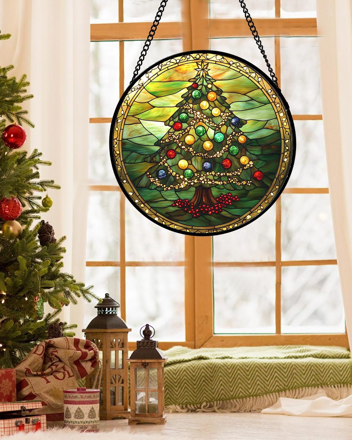 Stained Glass Window Hanging - Green Christmas Tree Gold Ribbon Suncatcher for Doors Home Christmas Decoration Sun Catcher Thanksgiving New Year Birthday Gifts for Women Men Mom Nana 11.8 in