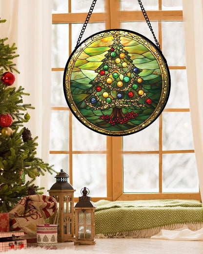 Stained Glass Window Hanging - Green Christmas Tree Gold Ribbon Suncatcher for Doors Home Christmas Decoration Sun Catcher Thanksgiving New Year Birthday Gifts for Women Men Mom Nana 9.8 in