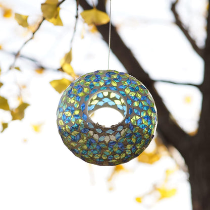 Mosaic Bird Feeder - Outdoor Fly Through Wild Hanging Bird Feeders with Mosaic Glass Design for Garden, Yard, Backyard, Deck and Porch Decor, 9 Inch