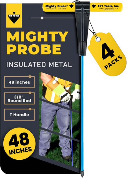 T&T Tools 48-Inch Mighty Probe Insulated Metal Soil Probe – 3/8" Metal Round Rod, Heavy Duty Design for Easy Penetration & Withdrawal, Soil Testing & Landscaping Tools, T-Handle, USA-Made-4 Pack