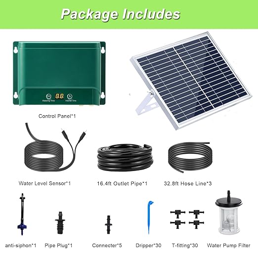Lewisia 10W Solar Automatic Drip Irrigation Kit Auto Watering System Solar Powered Auto-Irrigation Set for Garden Raised Beds Patio Lawn Greenhouse Potted Plants Up to 50 Plants