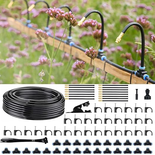 360° Automatic Drip Irrigation Kit - 5/16'' Tubing, Adjustable Universal Spray Nozzle, Copper Atomizing System for Garden/Lawn/Greenhouse - Multi-Directional Rotation, Quick Connectors, 82FT