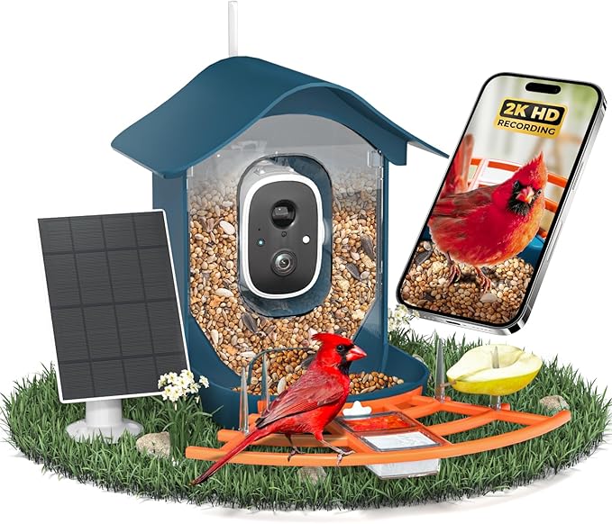 Smart Bird Feeder with Camera, 2K HD AI Identify Birds Species, Bird Watching Camera with Solar Panel, Auto Capture Bi rd Videos & Instant Notifications, Ideal Present for BirdLover