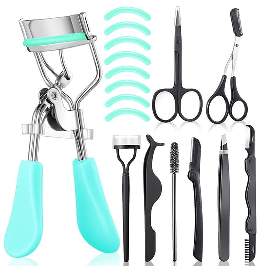 Bencailor 17 Pcs Eyelash Curlers Kit Lash Curler Eyelash Comb Seperator Extension Tweezers Eyebrow Brush Scissors False Eyelashes Applicator Eyebrow Trimmer Silicone Refills Pads for Women (Blue)
