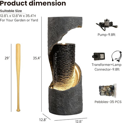 35.4" H Indoor Water Fountain Water Feature Outdoor for Garden, Patio, Deck Decorations, Yard, Porch, Office with Lights Spiral Water Fall Fountains Outside Home Art Decor