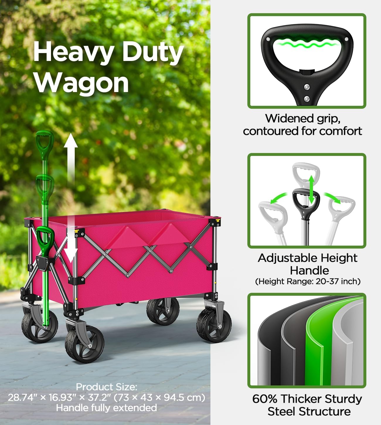 Beach Wagon,Collapsible-Wagon 220lbs with Big Wheels FoldableWagon Carts,Portable Utility for Garden Grocery Sports Camping All Terrain-Pink