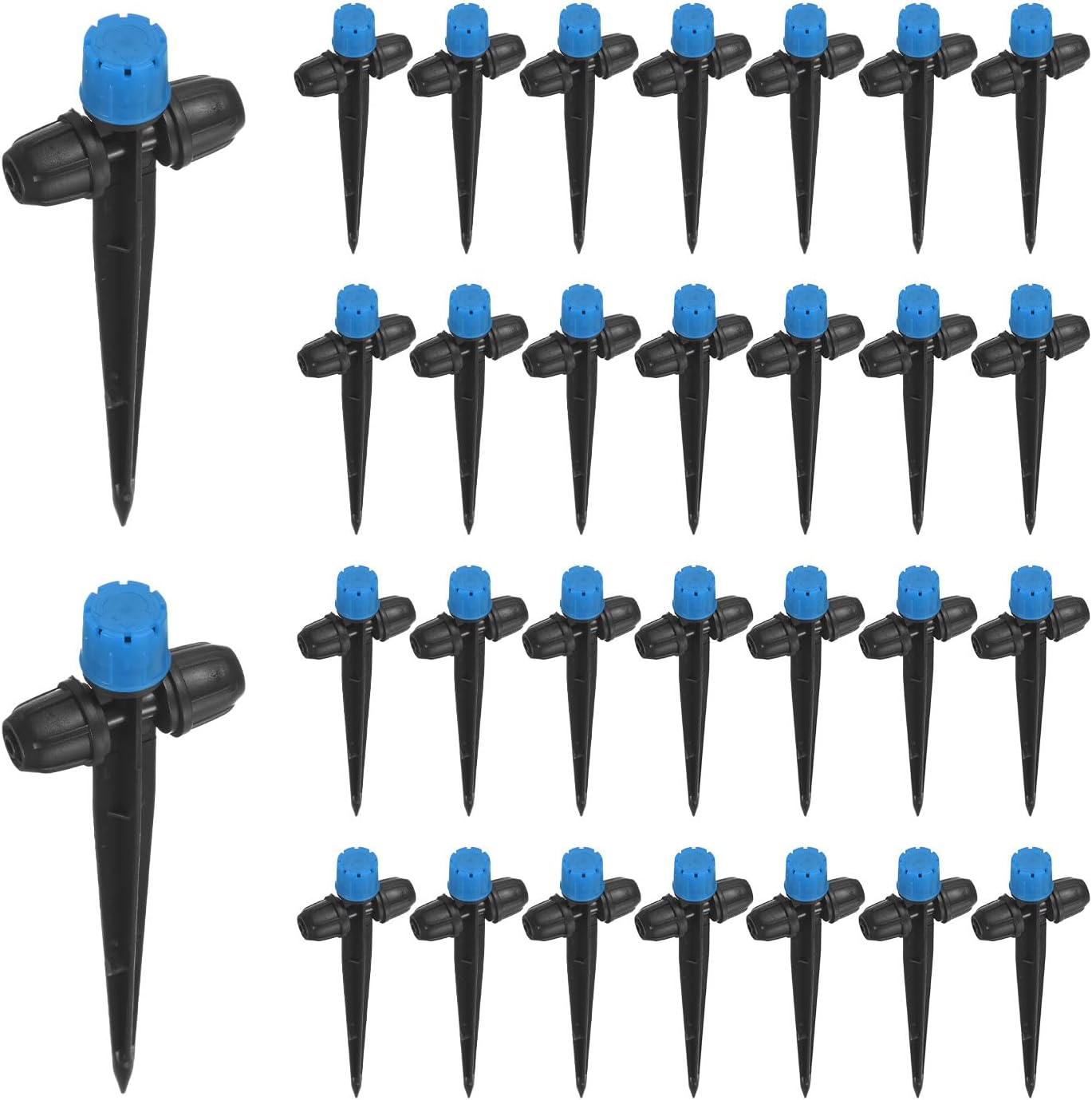 30-Pack Drip Irrigation Emitters Sprayers, Drippers on 5"/13mm Stake Adjustable 360 Degree Water Flow 8 Holes for 1/4" Drip Irrigation Tubing for Watering System [Blue, Drip]