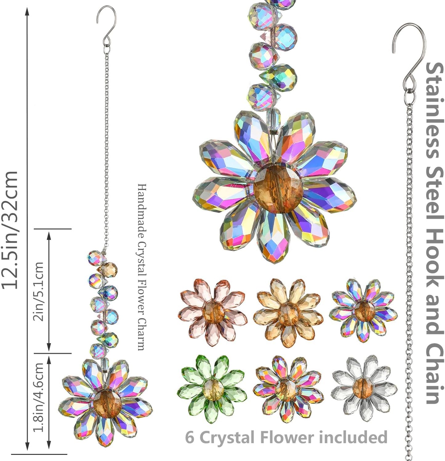 HDCRYSTALGIFTS 6PCS Crystal Sunflower Suncatchers Hanging Ornaments, Crystal Window Sun Catchers Rainbow Maker Light Catcher Indoor Outdoor Garden Decor Glass Christmas Ornaments