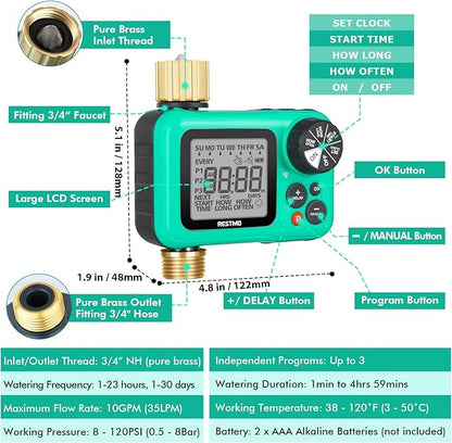 RESTMO Sprinkler Timer with Brass Inlet & Outlet, 3 Separate Programs Hose Timer, Programmable Water Timer for Garden Hose, Manual | Rain Delay | Automatic Watering System for Drip Irrigation and Lawn