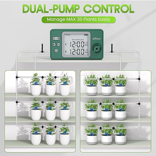 Automatic Watering System Dual Pump for Indoor Plants, Built-in Rechargeable Battery, Two Independent Water Zones, Worry-Free Vacation Drip Irrigation Kit, Water-Saving Smart Plant Waterer, Green