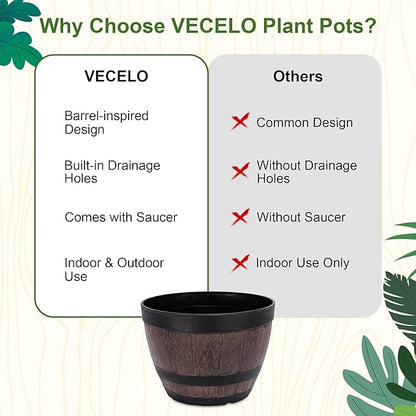 VECELO Plant Pots with Drainage Holes & Saucer, 9 Inch Flower Pots with Tray, 3 Pack Plastic Whiskey Barrel Planters for Indoor & Outdoor Garden Home Plants and Flowers