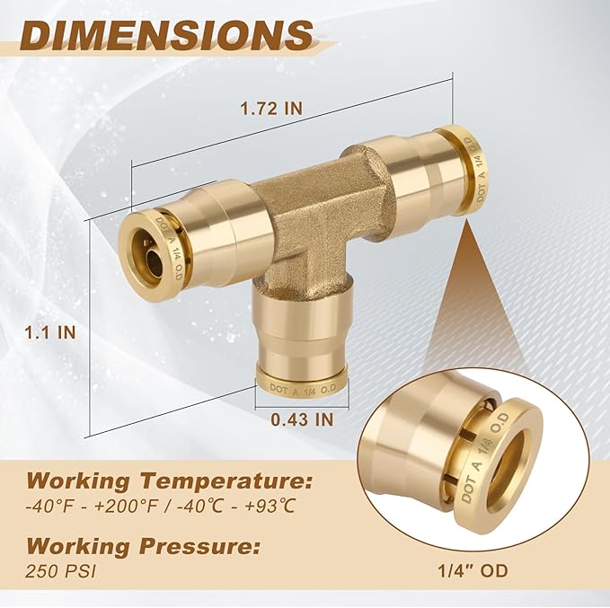 1/4" Quick Push to Connect Fittings Brass Union Tee Shaped Joint DOT Approved 1/4 Inch OD 3 Way Tube Air Line Adapter Air Spring Suspension Kit for Car Truck Trailers and Air Brake System 2pcs