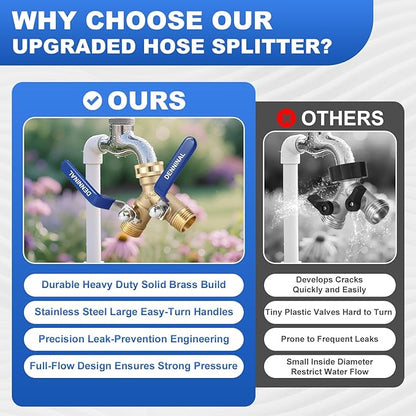 Brass Garden Hose Splitter 2 Way Heavy Duty with 304 Stainless Steel Long Handle, Outdoor Full Flow Hose Bib Splitter Connector, Y Valve 3/4 Inch GHT Thread