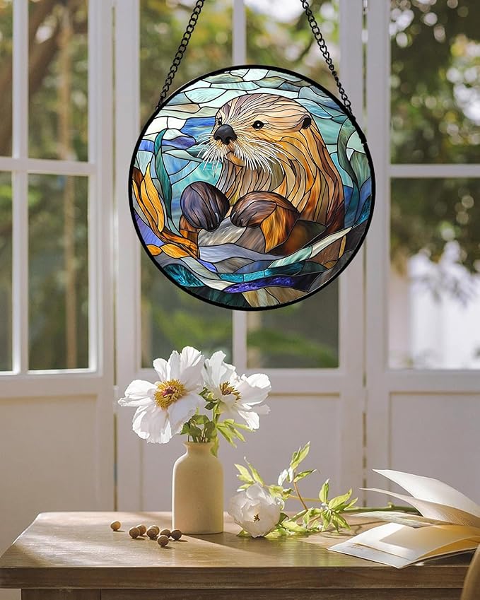 Stained Glass Suncatcher, Blue Ocean Cute Sea Otter Sun Catcher Stain Glass Window Hanging Decoration Mother's Day Birthday Gifts for Women Men Mom Nana 11.8 in