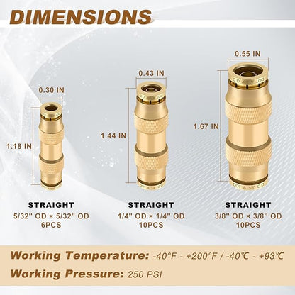 26pcs Quick Connect Brass DOT Air Line Fittings Straight Union 1/4” 3/8” 5/32” Tube Push to Connect Fittings Air Suspension Fitting Straight Air Brake Union Push Lock Pneumatic Air Hose Fitting