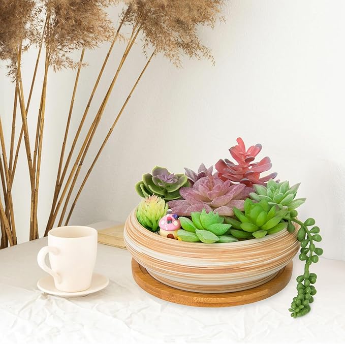 ARTKETTY Succulent Pots - Ceramic Bonsai Pots with Drainage Tray, 7.3 Inch Large Plant Pots Shallow Succulent Planters for Indoor Plants Decorative Cactus Flower Planter Bowl