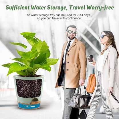 Indoor Self Watering Planters with Drainage Holes and Saucers, 8, 7, 6.5, 6, 5.5, 5 Inches, Green, 6 Pots