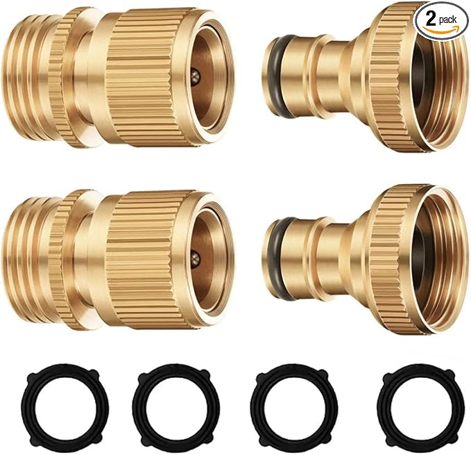 Garden Hose Quick Connector, Solid Brass 3/4 inch GHT Thread No-Leak Water Hose Fittings for Quick Connect and Release, Male and Female Garden Hose Adapter (2 Pack)