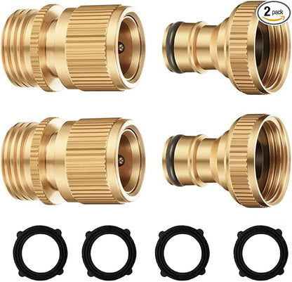 Garden Hose Quick Connector, Solid Brass 3/4 inch GHT Thread No-Leak Water Hose Fittings for Quick Connect and Release, Male and Female Garden Hose Adapter (2 Pack)