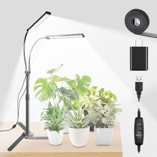 Grow Lights for Indoor Plants, Full Spectrum LED Tabletop Plant Lights for Indoor Growing, Dual-Head Gooseneck Plant Lamp with 5 Dimmable & Auto On/Off 4/8/12/18H Timer, Height Adjustable 9.8-25''