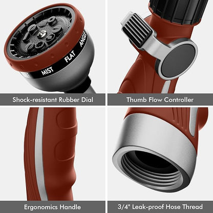 RESTMO Watering Wand Heavy Duty, Metal Garden Hose Wand with 10 Spray Patterns, 15-Inch Long Hose Nozzle Sprayer with Thumb Flow Control, Ideal to Water Hanging Baskets and Shrubs, Red