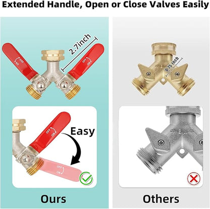 Hose Splitter 2 Way Heavy Duty, Brass Garden Hose Splitter, Faucet 2 Way hose connector, long handle 2 Way Splitter, Outdoor Faucet Splitters, Y Valve 3/4" GHT Thread.
