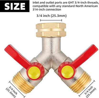 full flow Garden Hose Splitter, 3/4”GHT Inlet Brass Heavy Duty High Flow Hose Splitter 2-Way Full Flow, Hose Y-Valve Faucet Adapter, Runner and Large Outlet with Extended Handle.