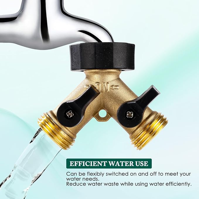 Dalmbox Garden Hose Splitter 2 Way, Y Connector Brass Garden Hose Adapter, Water Hose Splitter, Double Shut Off Valve, Includes 3 Rubber Washers & Teflon Tape(1 pack)