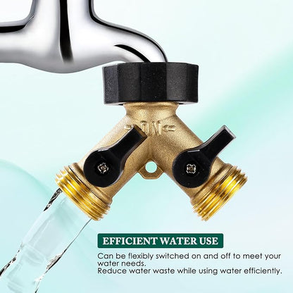 Dalmbox Garden Hose Splitter 2 Way, Y Connector Brass Garden Hose Adapter, Water Hose Splitter, Double Shut Off Valve, Includes 3 Rubber Washers & Teflon Tape(1 pack)
