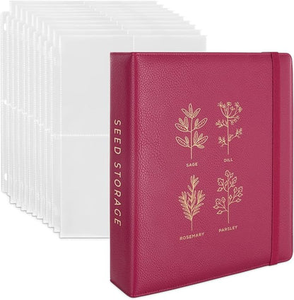WILDGOOSE Seed Storage Organizer Binder - Seed Packet Organizer with 50 Pack Sheet Protectors That Stores 200 Seed Envelopes. (Raspberry)