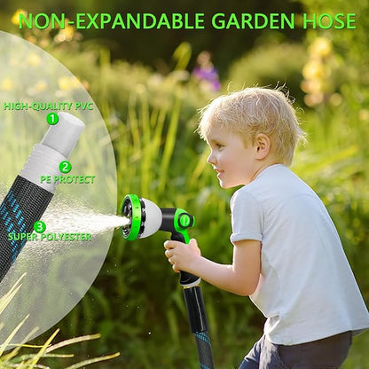 Garden Hose 50FT, NON-EXPANDABLE Heavy-Duty Flexible & Lightweight Water Hose with 10-Function Nozzle, No-Kink, Leak-Proof, Solid Fittings for Car, RV Marine Camper, Outdoor, Yard, Lawn