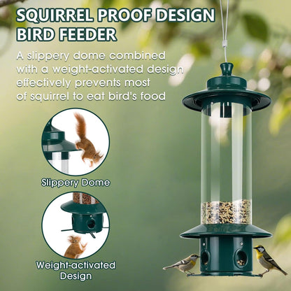 Hanging Bird Feeder for Outdoors, Squirrel Proof Bird Feeders for Outside with 4.8 Lb Capacity, 4 Ports Tube Metal Wild Bird Feeders for Garden Yard Decoration Viewing Cardinal, Weather-Resistant