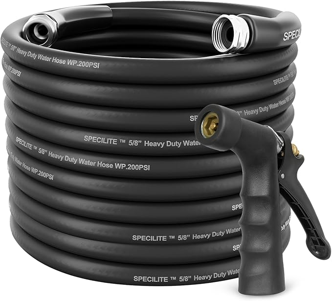 SPECILITE 5/8" Hot/Cold Garden Hose 100 ft with Industrial High Pressure Nozzle, Flexible & Lightweight, 600psi Burst Rubber Water hose -50℉-158℉ With 3/4"Stainless Steel Fittings for Yard, Black
