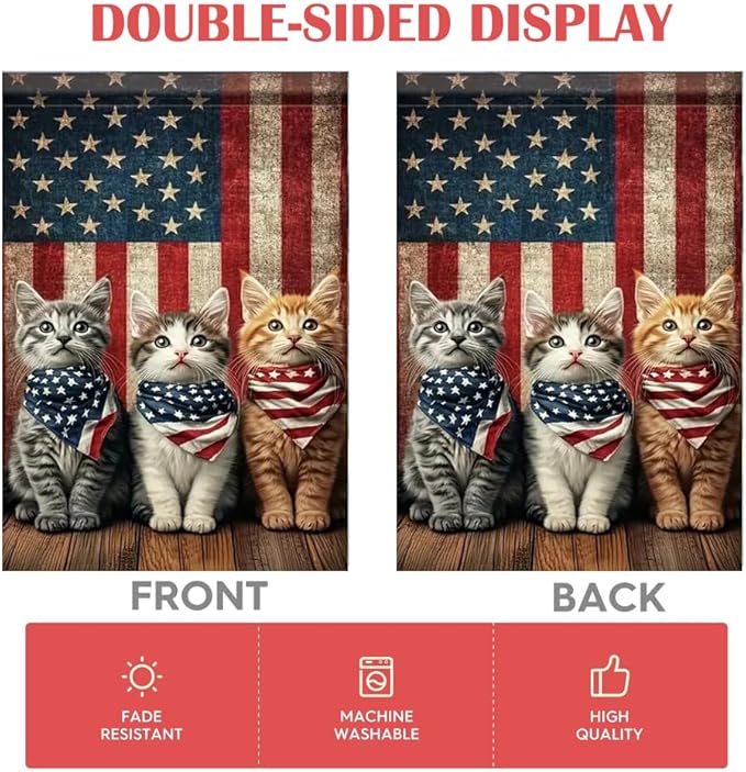 Patriotic Stars and Stripes Garden Flag 12x18 Inch Double Sided Outside, USA 4th of July Memorial Day Independence Day Watercolor Yard Outdoor Decoration(cat)