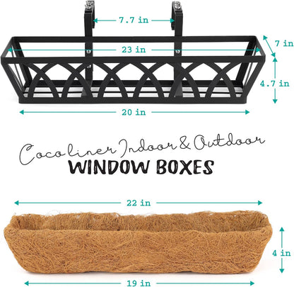 Window Box Railing, 24 Inch Black Metal Hanging Flower Planter Basket with Coco Liner for Outdoor Balcony Porch Fence Patio for Home, Office and Hotel (Black - 4 Pcs/Set)