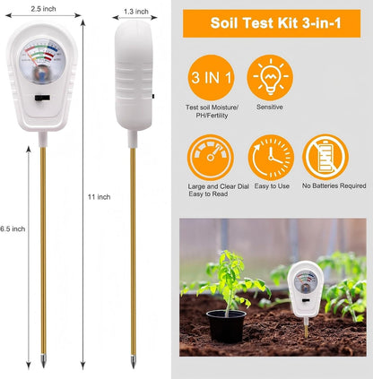Soil Test Kit 3-in-1, Soil Moisture Meter, Soil PH Meter, Fertility Soil Tester, Soil Tester for Garden, Lawn, Farm, Outdoor & Indoor Use (Pearl White)