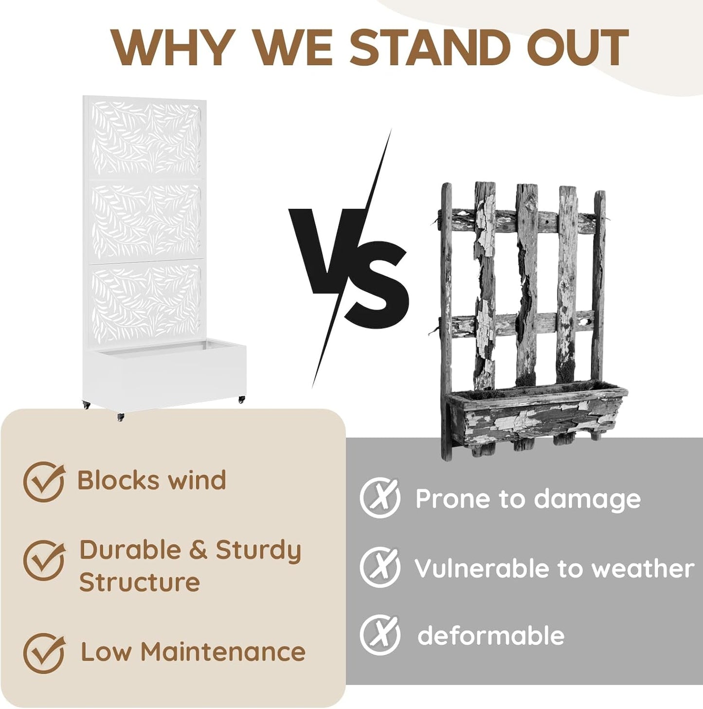 Metal Raised Garden Bed with Trellis & Wheels,72" x 35"x 15.7" Planter Box with Trellis,Privacy Planters for Patio,Garden Bed for Climbing Plants,Suitable for climbing plants and vegetables,White