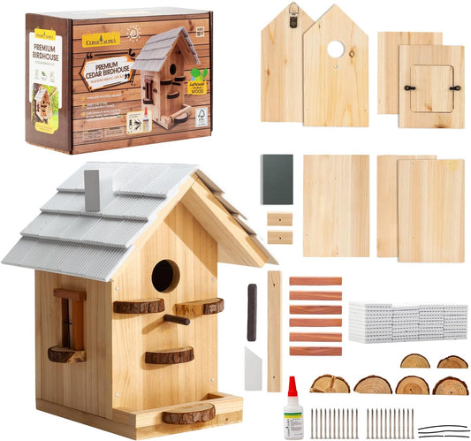 Premium Wooden Bird House Kit - Birdhouse for Outside - Build it Yourself Birdhouse Kits for Adults to Build - Woodworking Adult Crafts & DIY - Pole Mountable Bird House